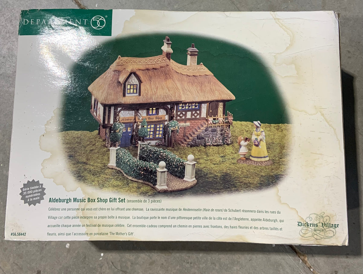Dept 56- Dickens' Village "Aldeburgh Music Box Shop" gift set - sleeve is damaged