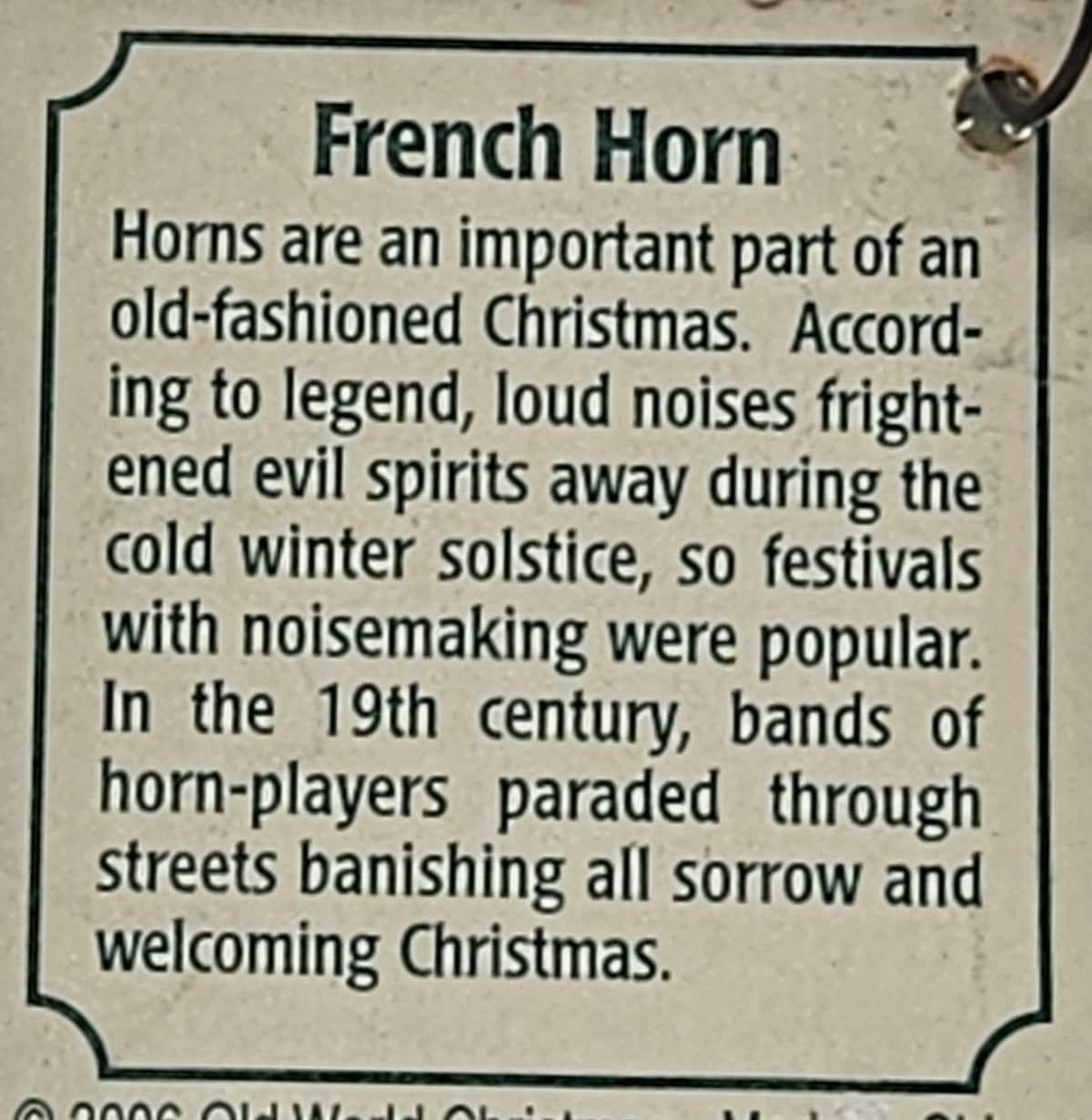 Old World Christmas French Horn ornament #38015 – hang tag reverse
