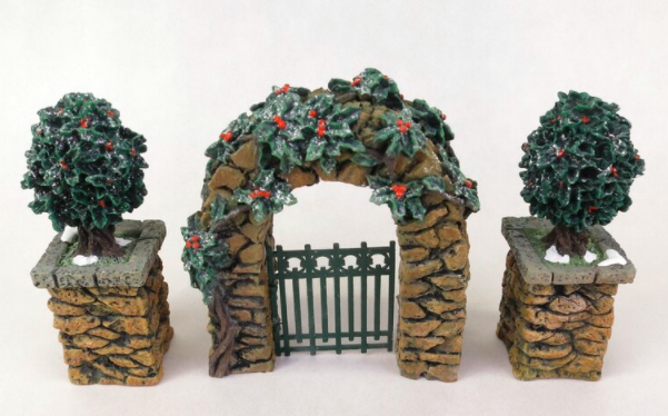 Dept 56 Stone Corner Posts with Holly Tree and Stone Archway