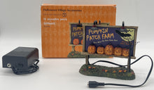 Load image into Gallery viewer, Halloween-themed sign with pumpkins and a power adapter.  Department 56 Halloween &quot;Lit Pumpkin Patch Billboard&quot;
