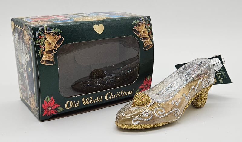 Old World Christmas Glass Slipper ornament #32098 – ornament alongside photographed packaging