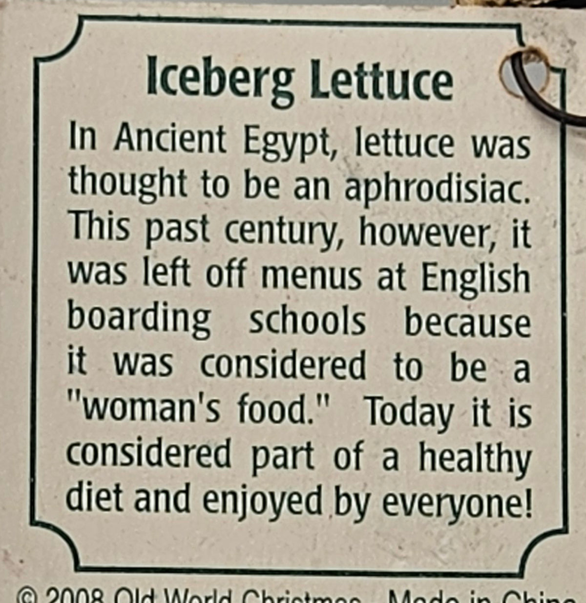 Old World Christmas Iceberg Lettuce ornament #28092 – hang tag reverse