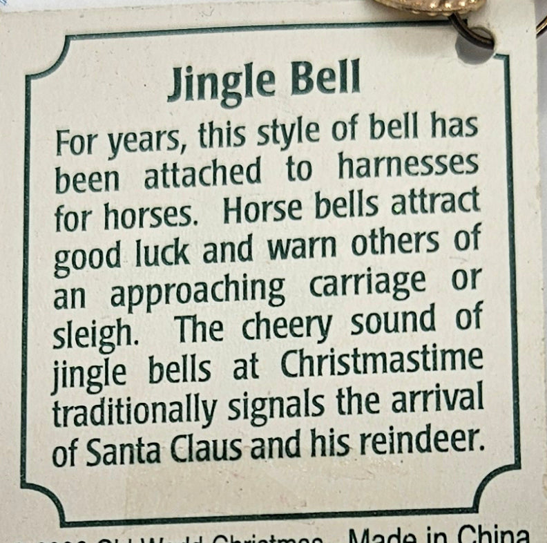 Old World Christmas Jingle Bell – Gold ornament #38022 – hang tag reverse
