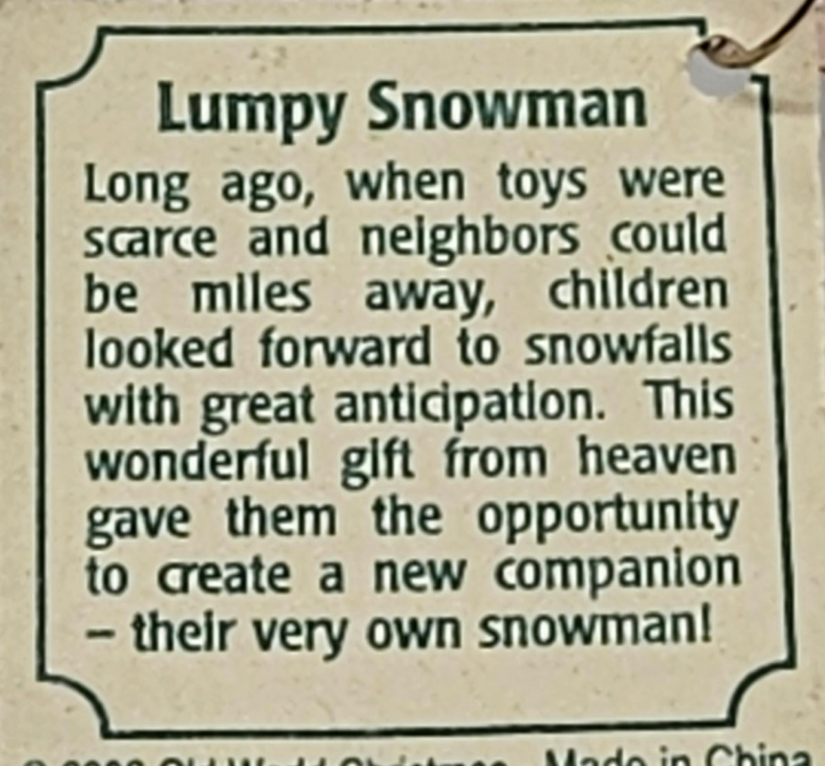 Old World Christmas Lumpy Snowman ornament #24093 – hang tag reverse