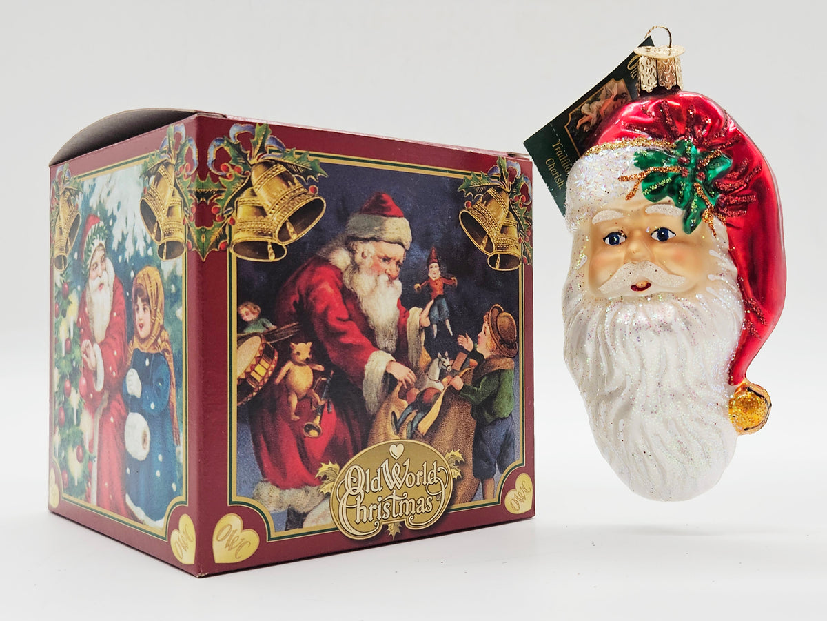 Old World Christmas Nostalgic Santa ornament #40256 – ornament alongside photographed packaging