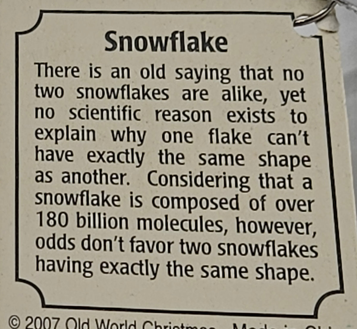 Old World Christmas Snowflake – Version 01 ornament #36076 – hang tag reverse