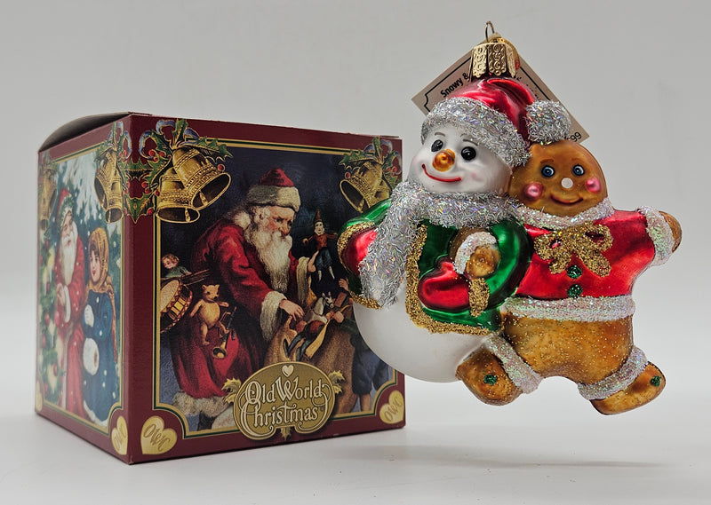 Old World Christmas Snowy & Spice ornament #24110 – ornament alongside photographed packaging