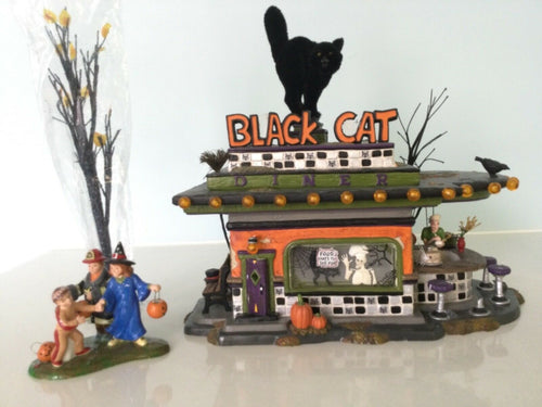 Retired Dept 56 Snow Village Halloween Black Cat Diner