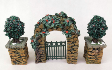 Dept 56 Stone Corner Posts with Holly Tree and Stone Archway 